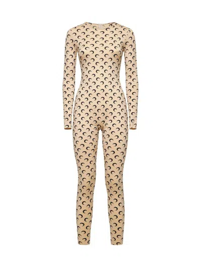 Marine Serre Graphic-print Long-sleeve Jumpsuit In Beige