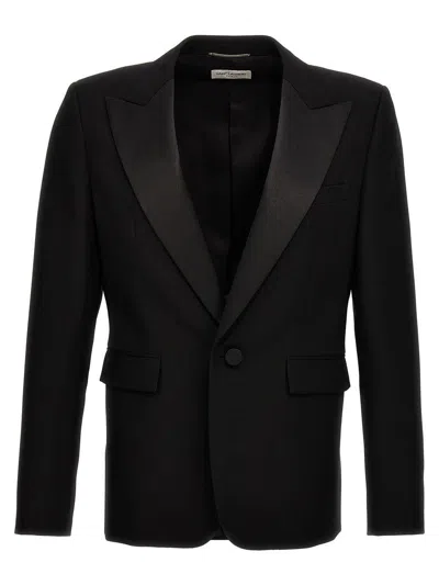 Saint Laurent Black Single-breasted Tuxedo Jacket In Virgin Wool Man In Multicolor