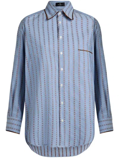 Etro Oversized Light Blue Jacquard Cotton Shirt In Blue