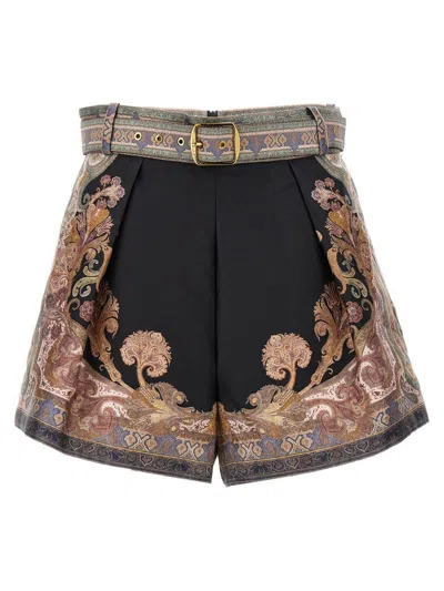 Zimmermann Illustration Belted Pleated Printed Silk And Cotton-blend Twill Shorts In Multicolor