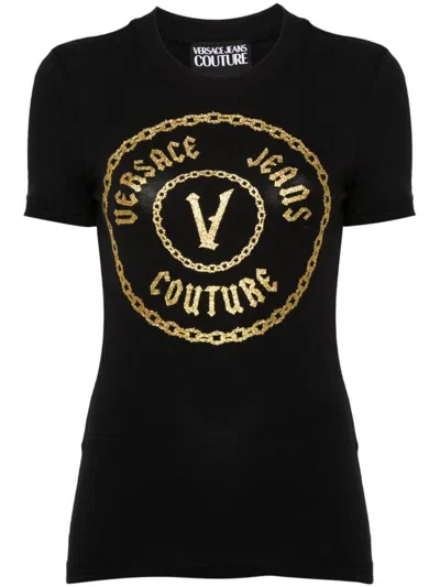 Versace Jeans Couture Glitter Cotton Blend Jersey Stretch Top In Black