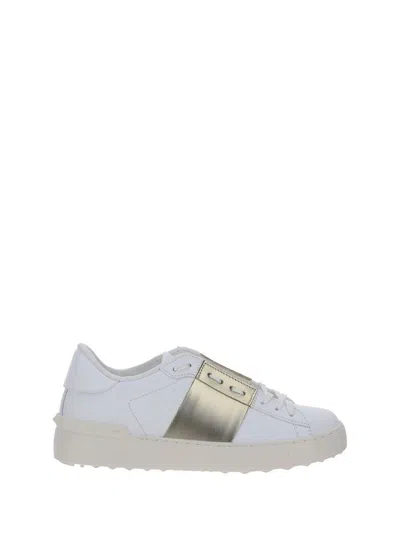Valentino Open Sneakers With Metallic Accent And Studded Heel In White+platinum+white
