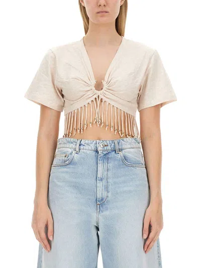 Rabanne Cropped Fringed Embellished Cotton-jersey T-shirt In Beige