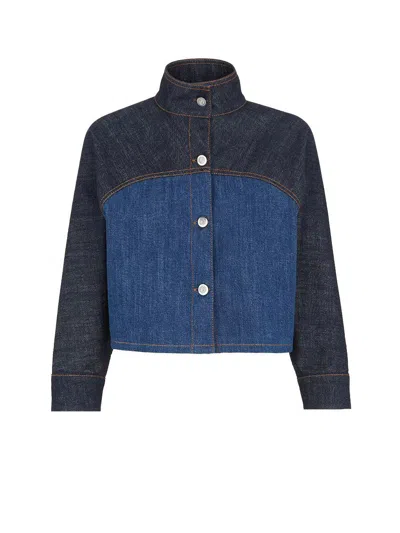 Fendi Two-tone Cropped Denim Jacket In Blue