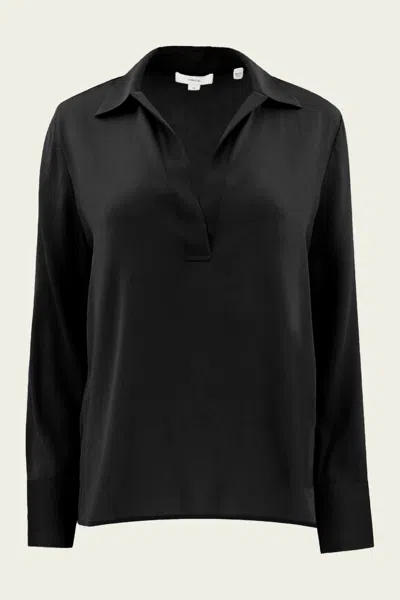 Vince Stretch-silk Long-sleeve Polo Blouse In Black