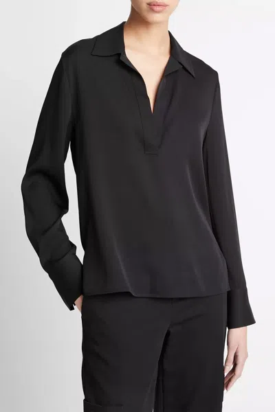 Vince Stretch-silk Long-sleeve Polo Blouse In Black