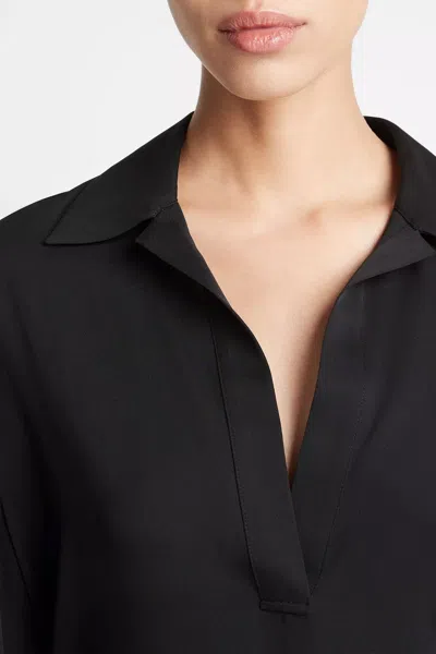 Vince Stretch-silk Long-sleeve Polo Blouse In Black