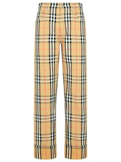 Burberry Beige Pants With Ekd Embroidery On The Rear And Check Motif All-over In Tech Fabric Man In Beige