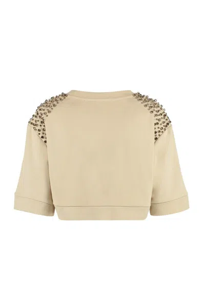 Shop Pinko Short-sleeved Cotton Crewneck Sweatshirt In Beige