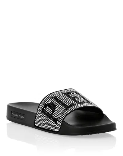 Philipp Plein Ladies Black Crystal Plein Flat Sandals In Black