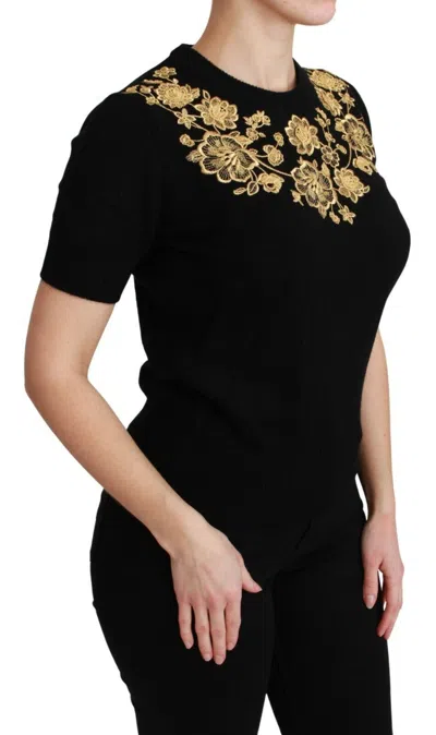 Dolce & Gabbana Black Cashmere Gold Floral Sweater Top In Black