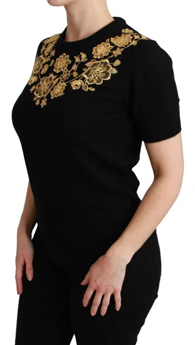 Dolce & Gabbana Black Cashmere Gold Floral Sweater Top In Black