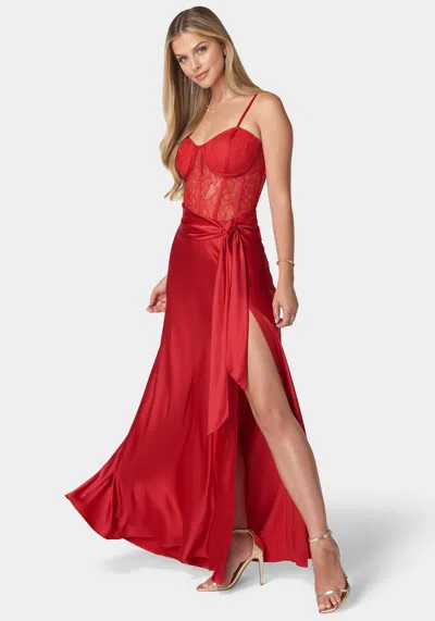 Shop Bebe Lace And Satin Bustier Gown In Scarlet