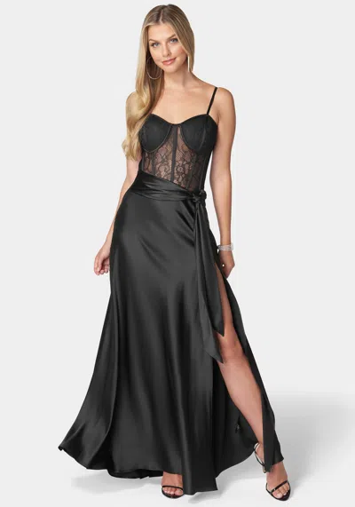Bebe Lace And Satin Bustier Gown In Black