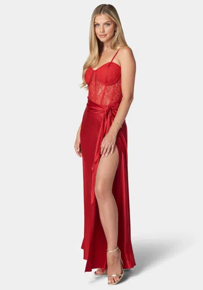 Bebe Lace And Satin Bustier Gown In Scarlet