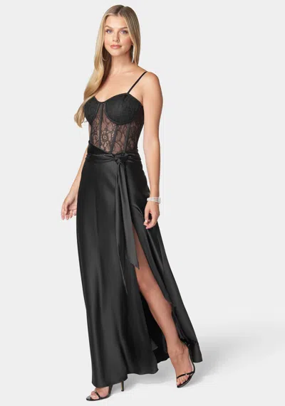 Bebe Lace And Satin Bustier Gown In Black
