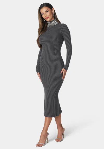 Bebe Crystal Neck Midi Sweater Dress In Charcoal