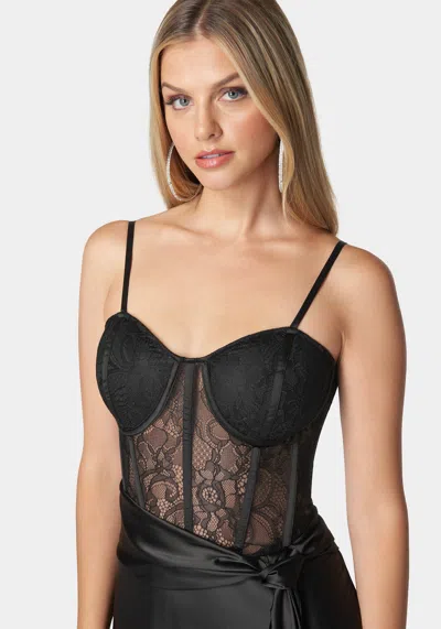 Bebe Lace And Satin Bustier Gown In Black