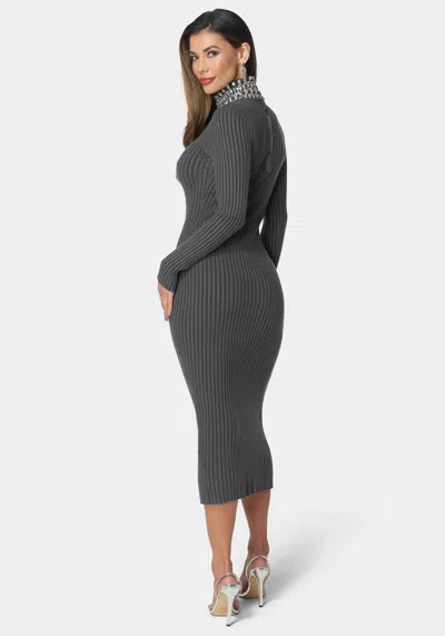 Bebe Crystal Neck Midi Sweater Dress In Charcoal