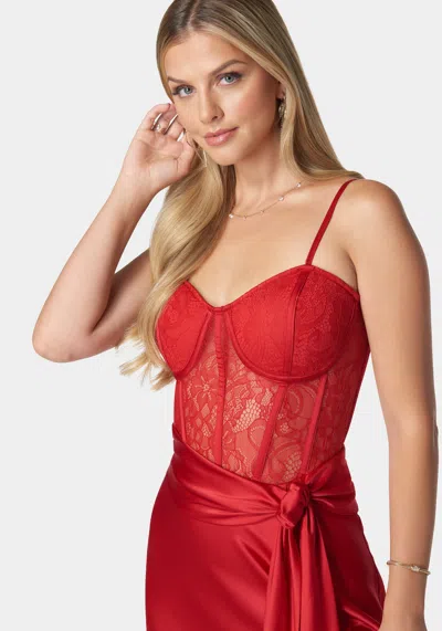 Bebe Lace And Satin Bustier Gown In Scarlet