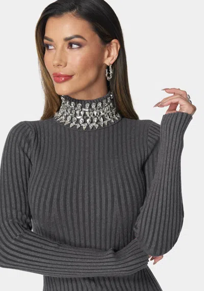 Bebe Crystal Neck Midi Sweater Dress In Charcoal