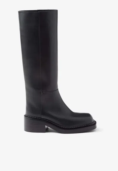 Prada Leather Square-toe Tall Moto Boots In Black