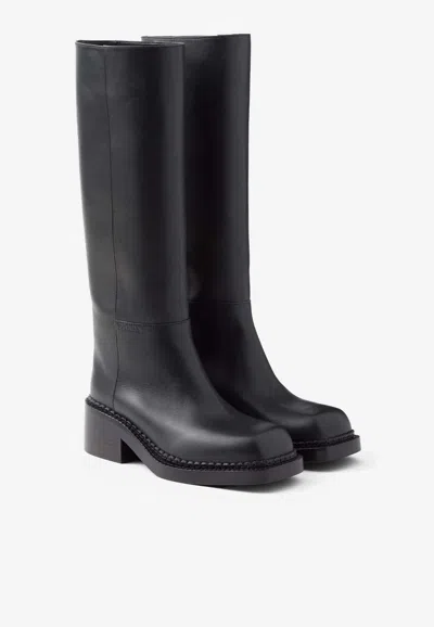 Prada Leather Square-toe Tall Moto Boots In Black