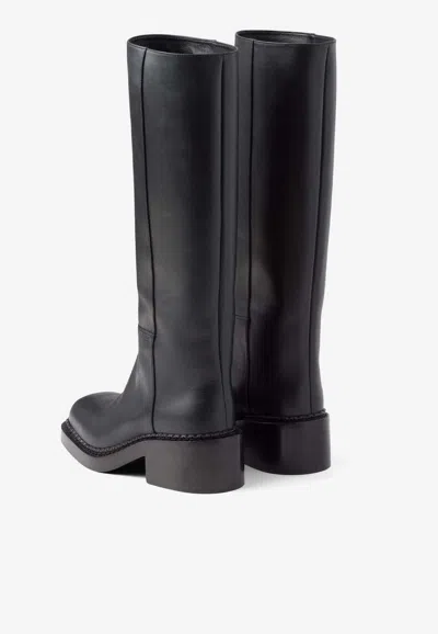 Prada Leather Square-toe Tall Moto Boots In Black