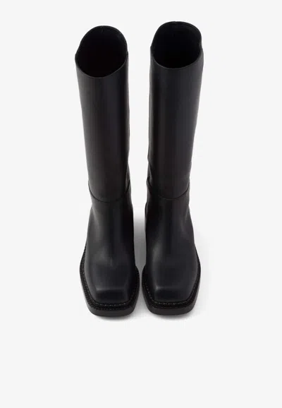 Prada Leather Square-toe Tall Moto Boots In Black