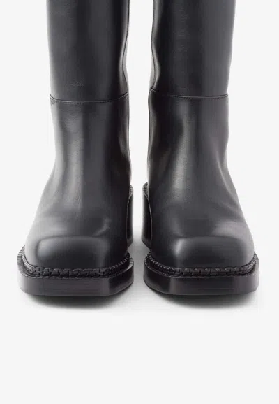 Prada Leather Square-toe Tall Moto Boots In Black
