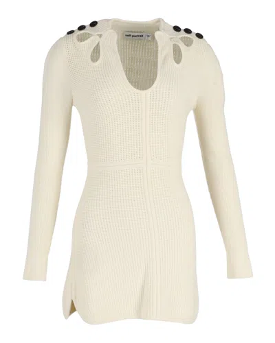 Self-portrait Button-embellished Cutout Ribbed Mini Dress In Cream Cotton In White