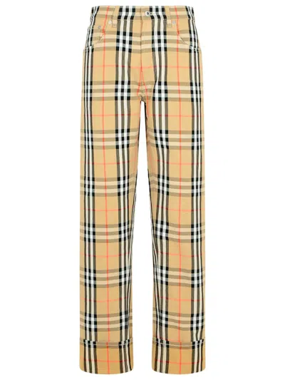 Burberry Beige Pants With Ekd Embroidery On The Rear And Check Motif All-over In Tech Fabric Man In Cream