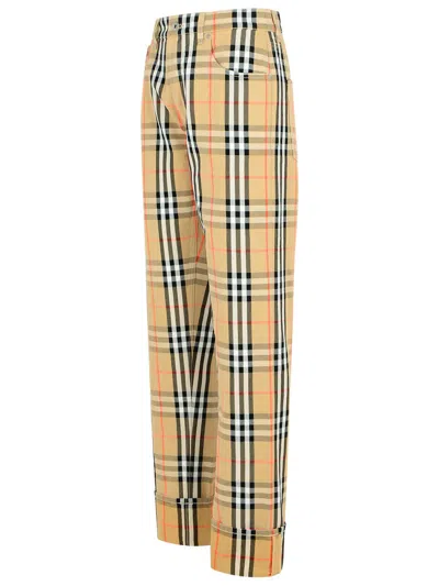 Burberry Beige Pants With Ekd Embroidery On The Rear And Check Motif All-over In Tech Fabric Man In Cream