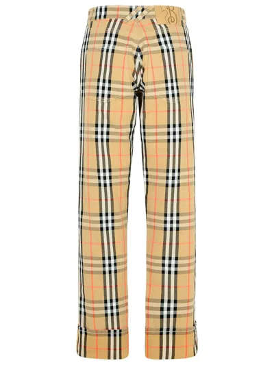 Burberry Beige Pants With Ekd Embroidery On The Rear And Check Motif All-over In Tech Fabric Man In Cream
