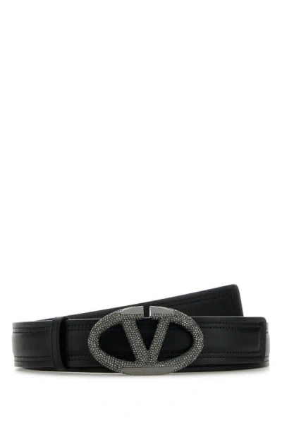 Valentino Leather Belt With Adjustable Length And Embellished Buckle In Black