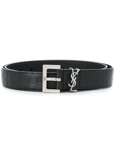 Saint Laurent Squared Buckle Smooth Leather Cassandre Thin Belt Accessories In Black