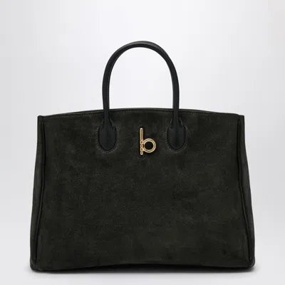 Shop Burberry Rocking Horse Medium Dark Green Suede Tote In Brown