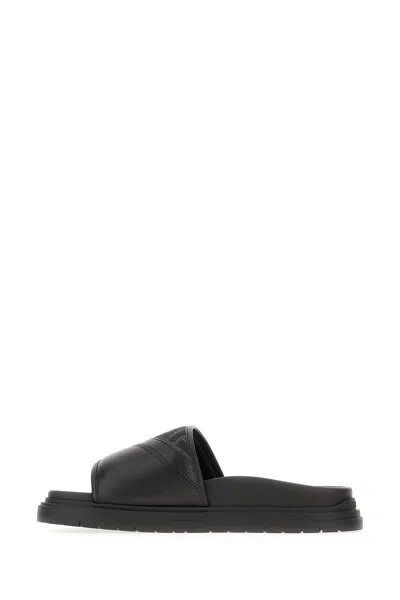 Fendi Men Low Leather Sandals With Ff Jacquard Insert In Black