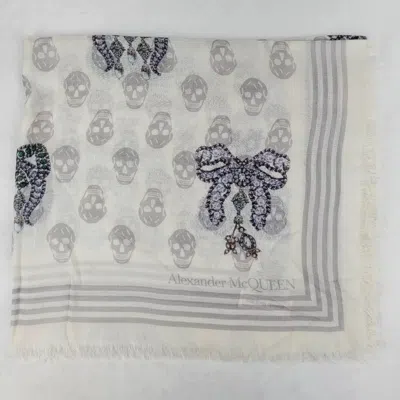 Alexander Mcqueen White Modal Skull/crystal Ribbon Bow Print Scarf In White