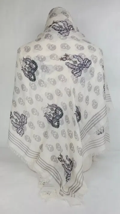 Alexander Mcqueen White Modal Skull/crystal Ribbon Bow Print Scarf In White