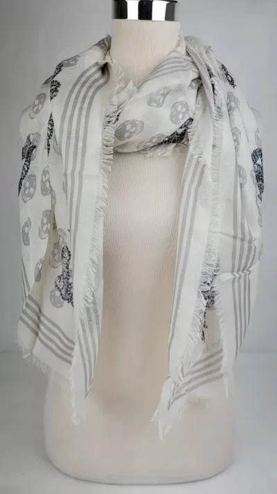Alexander Mcqueen White Modal Skull/crystal Ribbon Bow Print Scarf In White