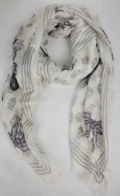 Alexander Mcqueen White Modal Skull/crystal Ribbon Bow Print Scarf In White