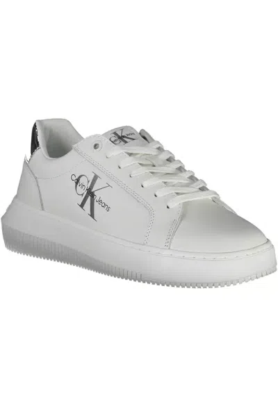 Calvin Klein Sleek White Lace-up Sneakers With Contrast Details In White