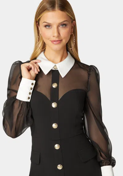 Bebe Woven Twill Button Down Chiffon Sleeve Romper In Black,white Alyssum