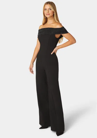Bebe Studded Off Shoulder Palazzo Jumpsuit In Black