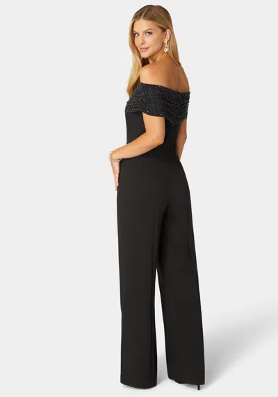 Bebe Studded Off Shoulder Palazzo Jumpsuit In Black