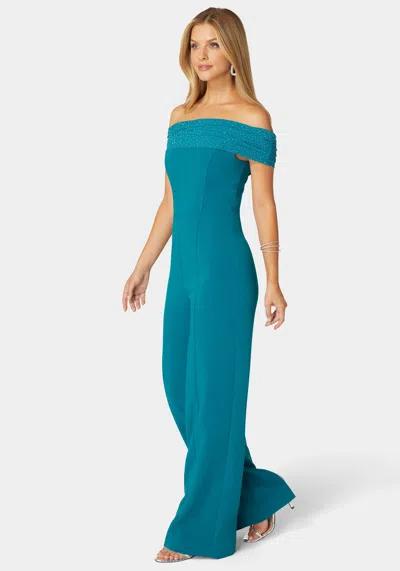 Bebe Studded Off Shoulder Palazzo Jumpsuit In Deep Lagoon