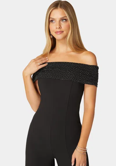 Bebe Studded Off Shoulder Palazzo Jumpsuit In Black