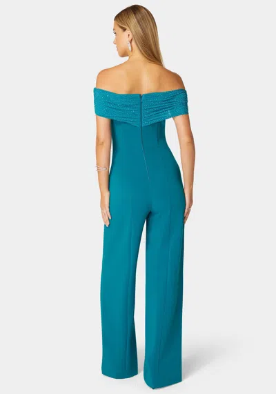 Bebe Studded Off Shoulder Palazzo Jumpsuit In Deep Lagoon
