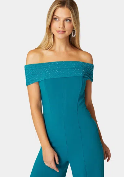 Bebe Studded Off Shoulder Palazzo Jumpsuit In Deep Lagoon